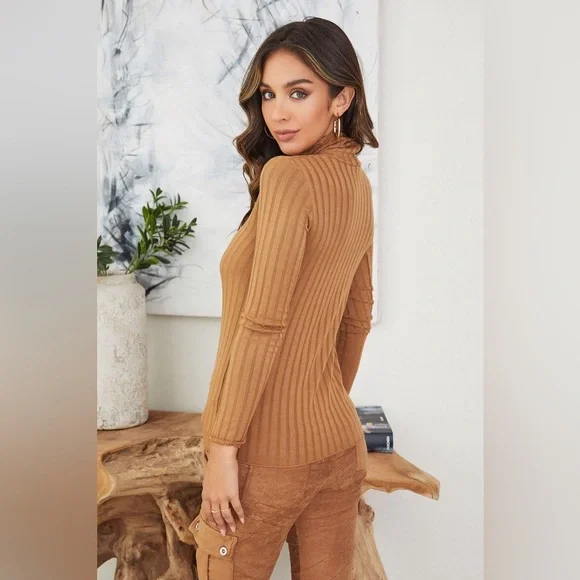 (81605-CML) LONG SLEEVE TURTLENECK RIB KNIT TOP - Picture 4 of 4